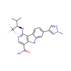 CC(C)[C@@H](Nc1ncc(C(N)=O)c2[nH]c3cc(-c4cnn(C)c4)ccc3c12)C(F)(F)F ZINC000072125713