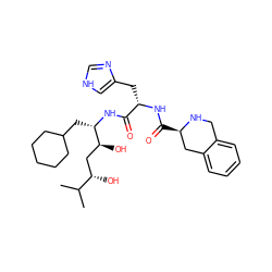CC(C)[C@@H](O)C[C@H](O)[C@H](CC1CCCCC1)NC(=O)[C@H](Cc1c[nH]cn1)NC(=O)[C@@H]1Cc2ccccc2CN1 ZINC000029551216