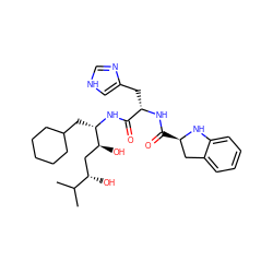 CC(C)[C@@H](O)C[C@H](O)[C@H](CC1CCCCC1)NC(=O)[C@H](Cc1c[nH]cn1)NC(=O)[C@@H]1Cc2ccccc2N1 ZINC000029548916