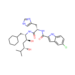 CC(C)[C@@H](O)C[C@H](O)[C@H](CC1CCCCC1)NC(=O)[C@H](Cc1c[nH]cn1)NC(=O)c1cc2cc(Cl)ccc2[nH]1 ZINC000029488328