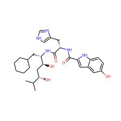 CC(C)[C@@H](O)C[C@H](O)[C@H](CC1CCCCC1)NC(=O)[C@H](Cc1c[nH]cn1)NC(=O)c1cc2cc(O)ccc2[nH]1 ZINC000029553609