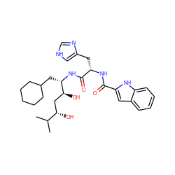 CC(C)[C@@H](O)C[C@H](O)[C@H](CC1CCCCC1)NC(=O)[C@H](Cc1c[nH]cn1)NC(=O)c1cc2ccccc2[nH]1 ZINC000003922690