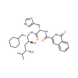 CC(C)[C@@H](O)C[C@H](O)[C@H](CC1CCCCC1)NC(=O)[C@H](Cc1c[nH]cn1)NC(=O)c1cc2ccccc2c(=O)[nH]1 ZINC000029553613
