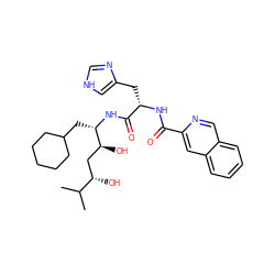 CC(C)[C@@H](O)C[C@H](O)[C@H](CC1CCCCC1)NC(=O)[C@H](Cc1c[nH]cn1)NC(=O)c1cc2ccccc2cn1 ZINC000029547143