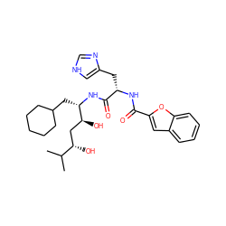CC(C)[C@@H](O)C[C@H](O)[C@H](CC1CCCCC1)NC(=O)[C@H](Cc1c[nH]cn1)NC(=O)c1cc2ccccc2o1 ZINC000029547140