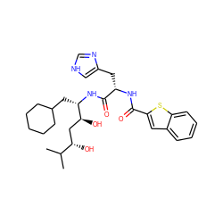 CC(C)[C@@H](O)C[C@H](O)[C@H](CC1CCCCC1)NC(=O)[C@H](Cc1c[nH]cn1)NC(=O)c1cc2ccccc2s1 ZINC000029548581