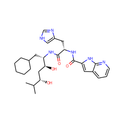 CC(C)[C@@H](O)C[C@H](O)[C@H](CC1CCCCC1)NC(=O)[C@H](Cc1c[nH]cn1)NC(=O)c1cc2cccnc2[nH]1 ZINC000029488629