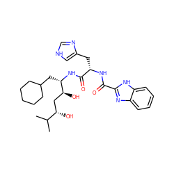 CC(C)[C@@H](O)C[C@H](O)[C@H](CC1CCCCC1)NC(=O)[C@H](Cc1c[nH]cn1)NC(=O)c1nc2ccccc2[nH]1 ZINC000029489569