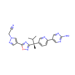 CC(C)[C@](C)(c1ccc(-c2cnc(N)nc2)nc1)c1noc(-c2cnn(CC#N)c2)n1 ZINC000114768755