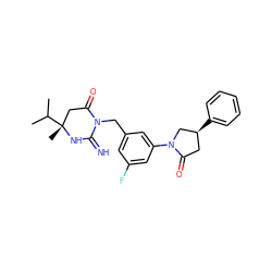 CC(C)[C@]1(C)CC(=O)N(Cc2cc(F)cc(N3C[C@@H](c4ccccc4)CC3=O)c2)C(=N)N1 ZINC000148352937
