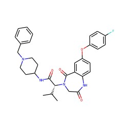 CC(C)[C@H](C(=O)NC1CCN(Cc2ccccc2)CC1)N1CC(=O)Nc2ccc(Oc3ccc(F)cc3)cc2C1=O ZINC000084616923