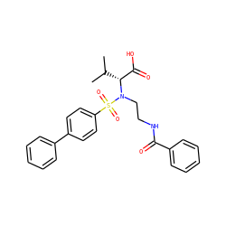CC(C)[C@H](C(=O)O)N(CCNC(=O)c1ccccc1)S(=O)(=O)c1ccc(-c2ccccc2)cc1 ZINC000095920991