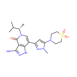 CC(C)[C@H](C)n1cc(-c2cc(N3CCS(=O)(=O)CC3)n(C)n2)c2[nH]nc(N)c2c1=O ZINC000653813217