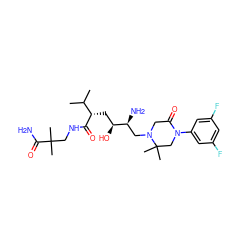 CC(C)[C@H](C[C@H](O)[C@@H](N)CN1CC(=O)N(c2cc(F)cc(F)c2)CC1(C)C)C(=O)NCC(C)(C)C(N)=O ZINC000084668416