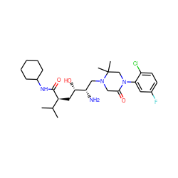 CC(C)[C@H](C[C@H](O)[C@@H](N)CN1CC(=O)N(c2cc(F)ccc2Cl)CC1(C)C)C(=O)NC1CCCCC1 ZINC000084670176