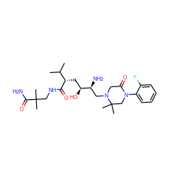 CC(C)[C@H](C[C@H](O)[C@@H](N)CN1CC(=O)N(c2ccccc2F)CC1(C)C)C(=O)NCC(C)(C)C(N)=O ZINC000084670155