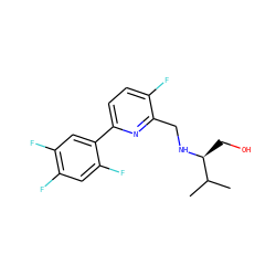 CC(C)[C@H](CO)NCc1nc(-c2cc(F)c(F)cc2F)ccc1F ZINC000204422186