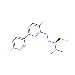 CC(C)[C@H](CO)NCc1nc(-c2ccc(Cl)nc2)ccc1F ZINC000218696686