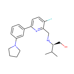 CC(C)[C@H](CO)NCc1nc(-c2cccc(N3CCCC3)c2)ccc1F ZINC000204414503