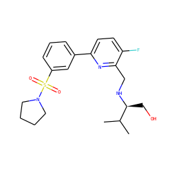 CC(C)[C@H](CO)NCc1nc(-c2cccc(S(=O)(=O)N3CCCC3)c2)ccc1F ZINC000204426270