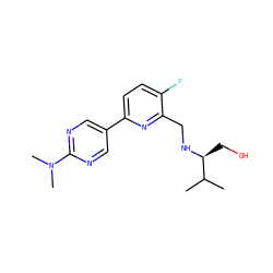 CC(C)[C@H](CO)NCc1nc(-c2cnc(N(C)C)nc2)ccc1F ZINC000204414188