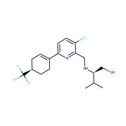 CC(C)[C@H](CO)NCc1nc(C2=CC[C@H](C(F)(F)F)CC2)ccc1F ZINC000204414391