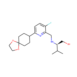CC(C)[C@H](CO)NCc1nc(C2CCC3(CC2)OCCO3)ccc1F ZINC000204419418