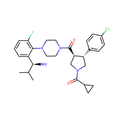 CC(C)[C@H](N)c1cccc(F)c1N1CCN(C(=O)[C@@H]2CN(C(=O)C3CC3)C[C@H]2c2ccc(Cl)cc2)CC1 ZINC000028824104