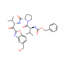 CC(C)[C@H](NC(=O)[C@@H]1CCCN1C(=O)[C@@H](NC(=O)OCc1ccccc1)C(C)C)C(=O)c1nc2cc(CO)ccc2o1 ZINC000027322281