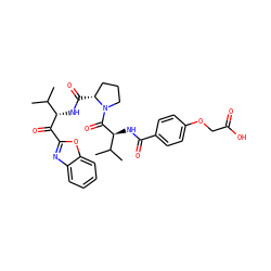 CC(C)[C@H](NC(=O)[C@@H]1CCCN1C(=O)[C@@H](NC(=O)c1ccc(OCC(=O)O)cc1)C(C)C)C(=O)c1nc2ccccc2o1 ZINC000027644073