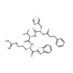 CC(C)[C@H](NC(=O)[C@H](Cc1cscn1)NC(=O)CCc1ccccc1)C(=O)N[C@@H](CCCNC(=N)N)C(=O)c1nc2ccccc2s1 ZINC001772628438