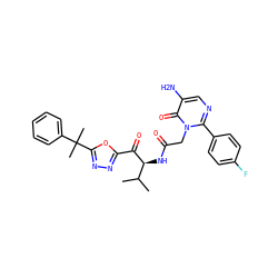 CC(C)[C@H](NC(=O)Cn1c(-c2ccc(F)cc2)ncc(N)c1=O)C(=O)c1nnc(C(C)(C)c2ccccc2)o1 ZINC000028262848