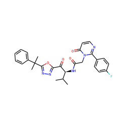 CC(C)[C@H](NC(=O)Cn1c(-c2ccc(F)cc2)nccc1=O)C(=O)c1nnc(C(C)(C)c2ccccc2)o1 ZINC000013862578