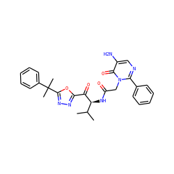 CC(C)[C@H](NC(=O)Cn1c(-c2ccccc2)ncc(N)c1=O)C(=O)c1nnc(C(C)(C)c2ccccc2)o1 ZINC000013862574