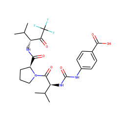 CC(C)[C@H](NC(=O)Nc1ccc(C(=O)O)cc1)C(=O)N1CCC[C@H]1C(=O)N[C@@H](C(=O)C(F)(F)F)C(C)C ZINC000013762506