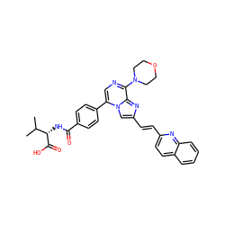 CC(C)[C@H](NC(=O)c1ccc(-c2cnc(N3CCOCC3)c3nc(/C=C/c4ccc5ccccc5n4)cn23)cc1)C(=O)O ZINC001772655793