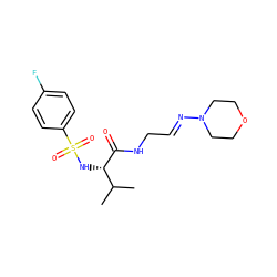 CC(C)[C@H](NS(=O)(=O)c1ccc(F)cc1)C(=O)NC/C=N/N1CCOCC1 ZINC000013442650