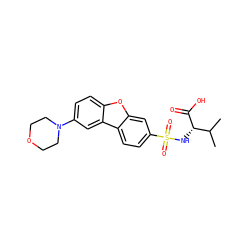 CC(C)[C@H](NS(=O)(=O)c1ccc2c(c1)oc1ccc(N3CCOCC3)cc12)C(=O)O ZINC000073222415