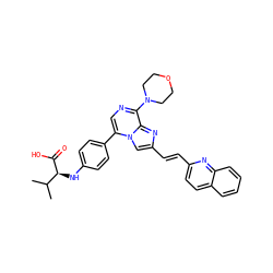CC(C)[C@H](Nc1ccc(-c2cnc(N3CCOCC3)c3nc(/C=C/c4ccc5ccccc5n4)cn23)cc1)C(=O)O ZINC001772629765