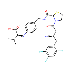 CC(C)[C@H](Nc1ccc(CNC(=O)[C@@H]2SCCN2C(=O)C[C@H](N)Cc2cc(F)c(F)cc2F)cc1)C(=O)O ZINC000066074362