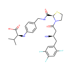 CC(C)[C@H](Nc1ccc(CNC(=O)[C@H]2SCCN2C(=O)C[C@H](N)Cc2cc(F)c(F)cc2F)cc1)C(=O)O ZINC000066074361