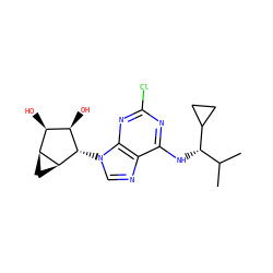CC(C)[C@H](Nc1nc(Cl)nc2c1ncn2[C@H]1[C@H](O)[C@H](O)[C@@H]2C[C@@H]21)C1CC1 ZINC000095554879