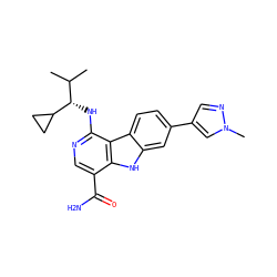 CC(C)[C@H](Nc1ncc(C(N)=O)c2[nH]c3cc(-c4cnn(C)c4)ccc3c12)C1CC1 ZINC000072125907