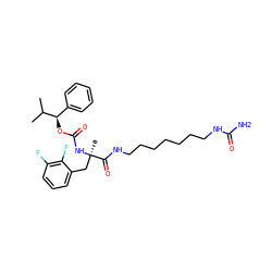 CC(C)[C@H](OC(=O)N[C@](C)(Cc1cccc(F)c1F)C(=O)NCCCCCCCNC(N)=O)c1ccccc1 ZINC000003942515