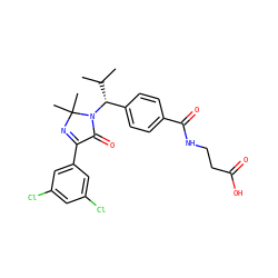 CC(C)[C@H](c1ccc(C(=O)NCCC(=O)O)cc1)N1C(=O)C(c2cc(Cl)cc(Cl)c2)=NC1(C)C ZINC000169700301