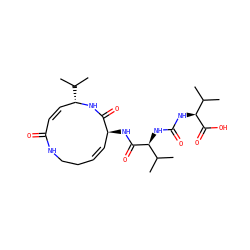 CC(C)[C@H]1/C=C/C(=O)NCC/C=C/[C@H](NC(=O)[C@@H](NC(=O)N[C@H](C(=O)O)C(C)C)C(C)C)C(=O)N1 ZINC000014719224