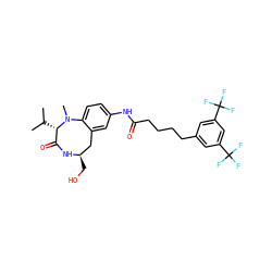 CC(C)[C@H]1C(=O)N[C@H](CO)Cc2cc(NC(=O)CCCCc3cc(C(F)(F)F)cc(C(F)(F)F)c3)ccc2N1C ZINC000027195337