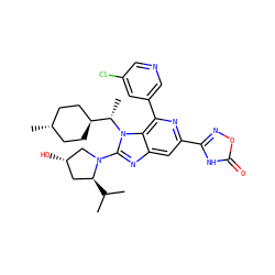 CC(C)[C@H]1C[C@H](O)CN1c1nc2cc(-c3noc(=O)[nH]3)nc(-c3cncc(Cl)c3)c2n1[C@@H](C)[C@H]1CC[C@H](C)CC1 ZINC001772657491