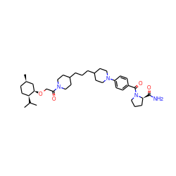 CC(C)[C@H]1CC[C@@H](C)C[C@H]1OCC(=O)N1CCC(CCCC2CCN(c3ccc(C(=O)N4CCC[C@@H]4C(N)=O)cc3)CC2)CC1 ZINC000096283461