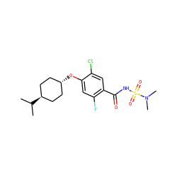 CC(C)[C@H]1CC[C@H](Oc2cc(F)c(C(=O)NS(=O)(=O)N(C)C)cc2Cl)CC1 ZINC000261098705